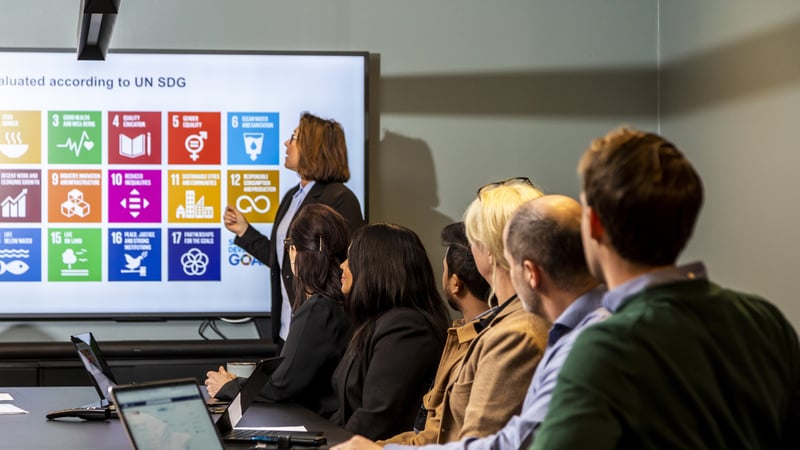 Group of people looking at UN SDGs